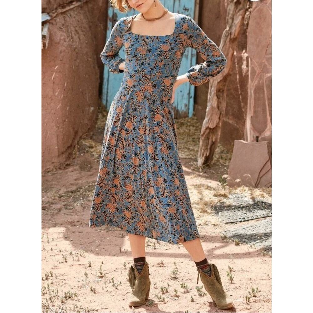 Peruvian Connection Autumn Sky Floral Long Sleeve Midi Dress Medium Boho Chic